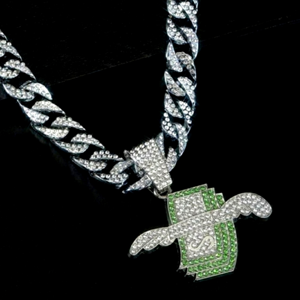 Urban Hip Hop Ice Cuban Link Chain Necklace w/ Dollar Wing Pendant